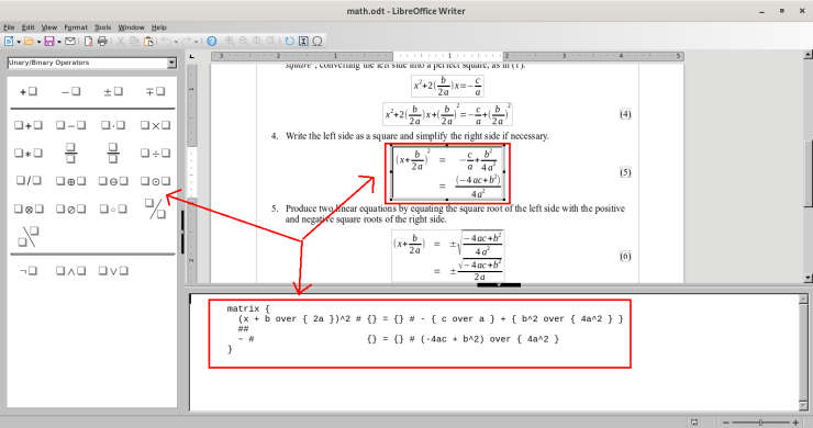 Starmath equations are editable in LibreOffice and Math formula editor provides a visual editor for further correction
